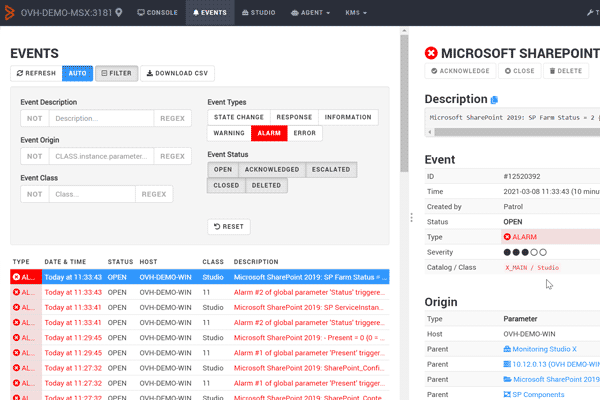 Get live access to events in Monitoring Studio X