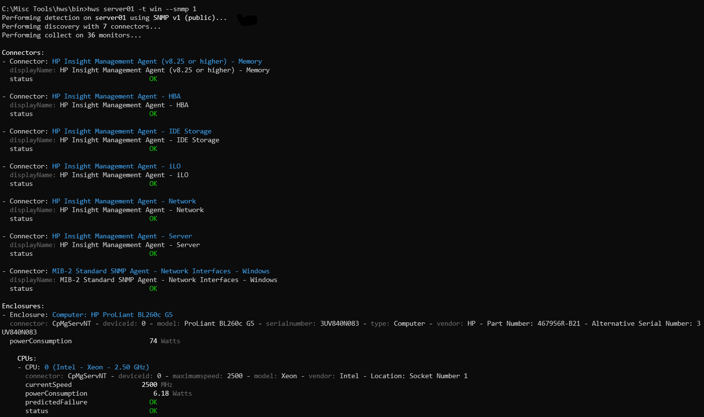 Output example for an HP ProLiant system