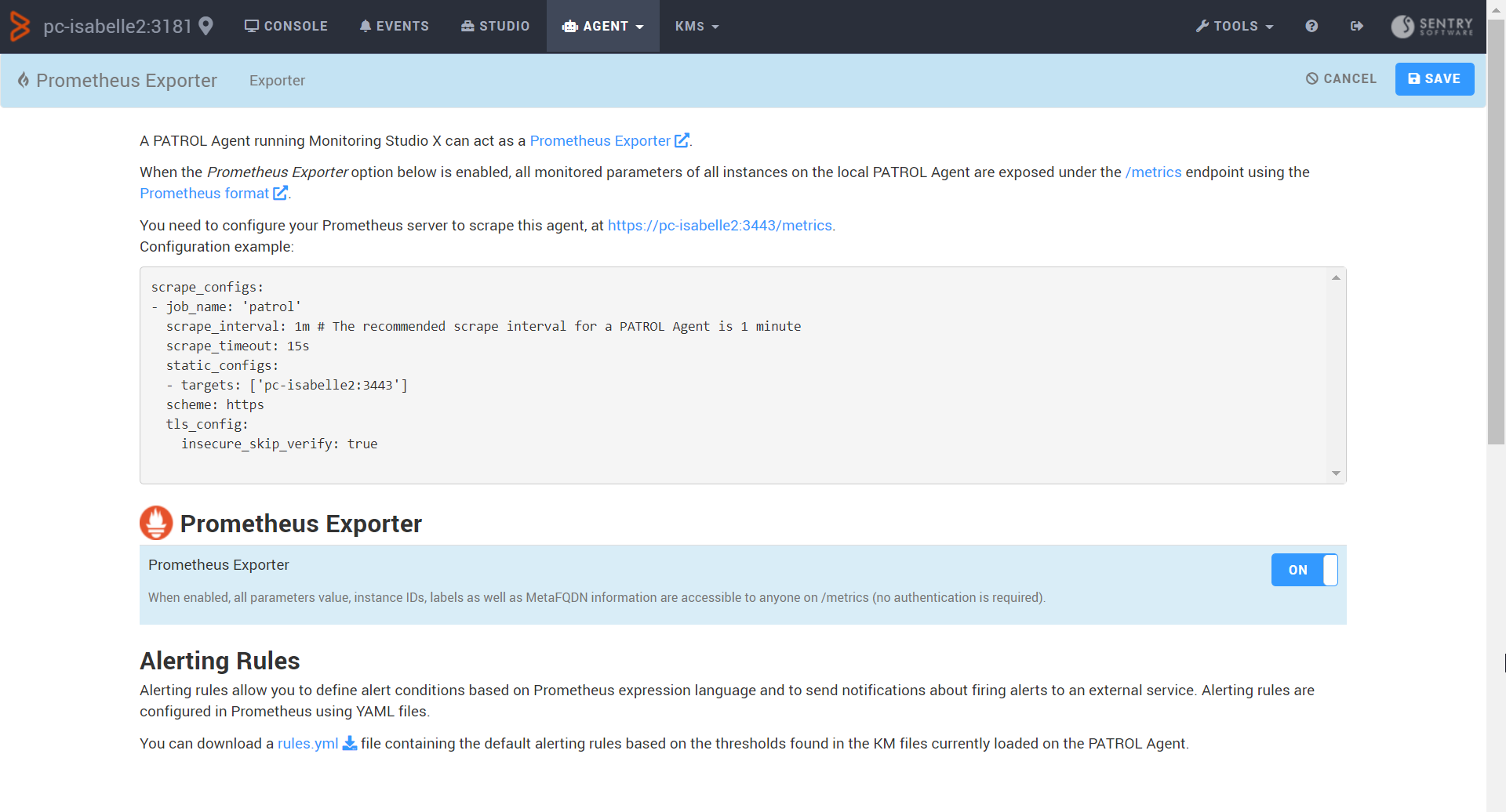 Enabling the PATROL Agent Exporter for Prometheus in Monitoring Studio X